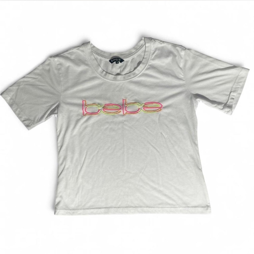 Vtg Y2K Bebe Sport Neon Embroidered Logo White Fitted T-Shirt Size S | 2000s
